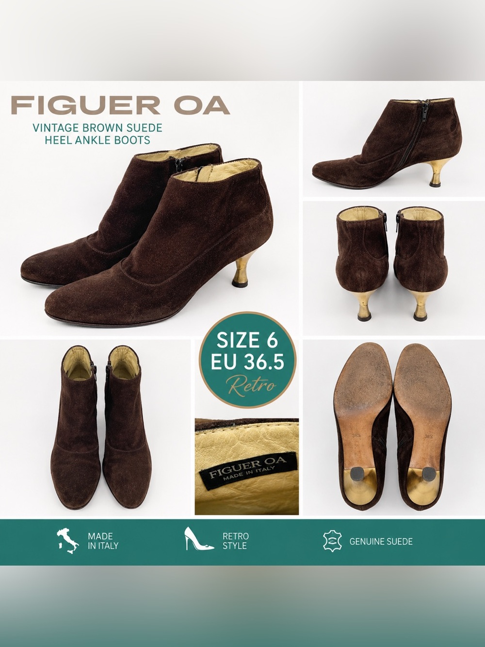 Figuer OA Vintage Brown Suede Heel Ankle Boots Women’s Size 6 EU 36.5 Retro